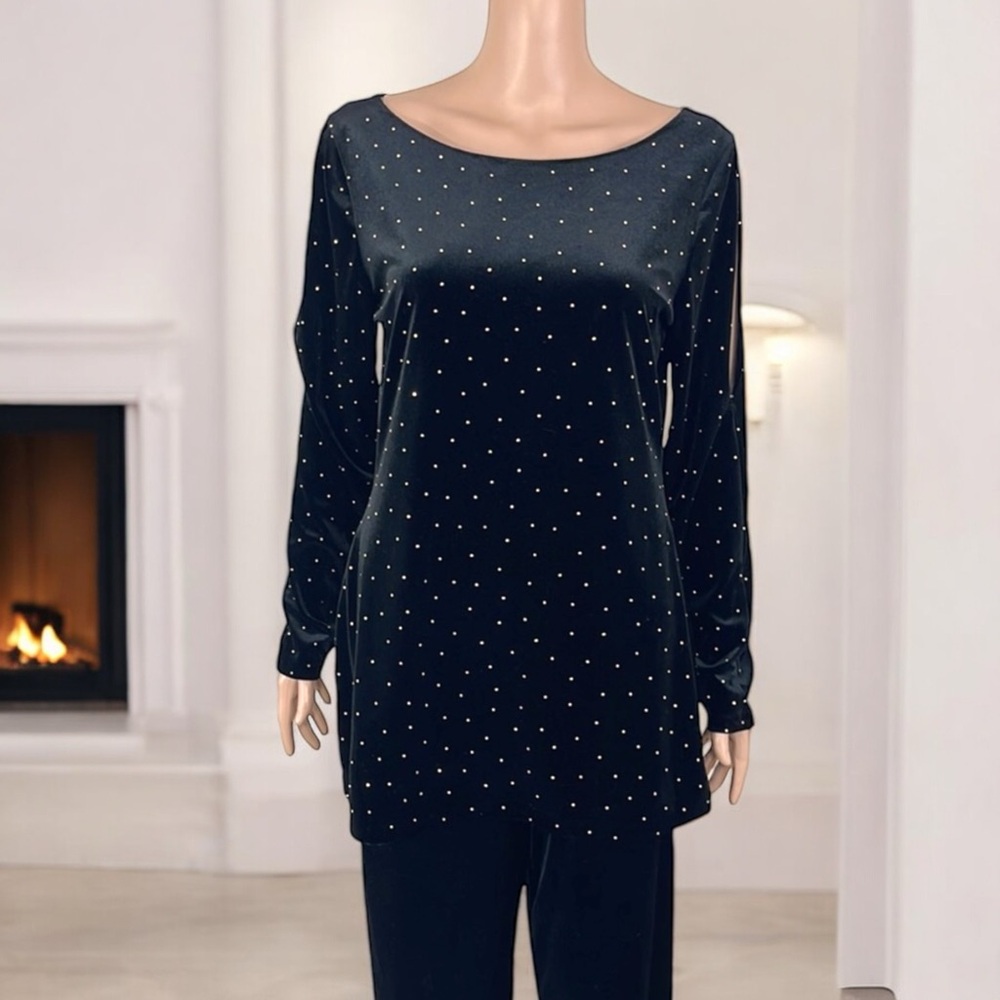 Cache’ Gold Studded Black Velvet Split Shoulder T… - image 3